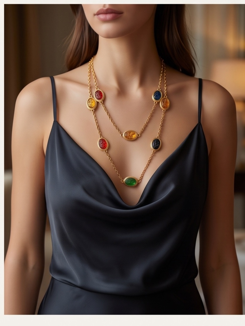 Gold Layered Necklace with Multicolor Gem Accents - Women Jewelry